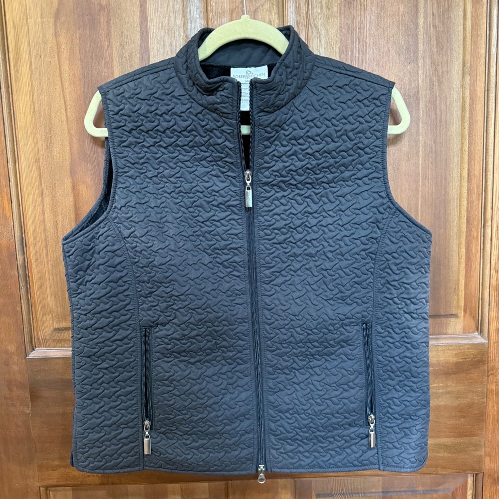 Robert Kitchen Women Textured Quilted Faux Fur Lined Vest Black Gray Medium